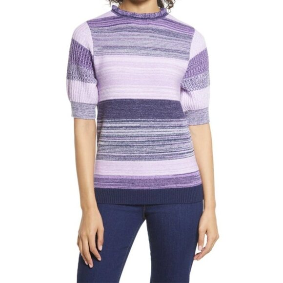 NWT Halogen Stripe Sweater Knit Ruffle Short Sleeve - Picture 1 of 7